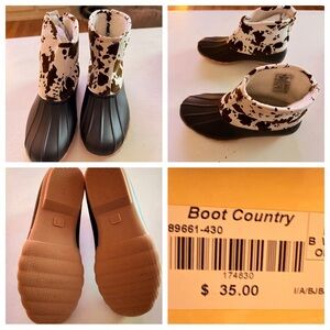 Outwoods Black and Brown Cow Print Duck Boots